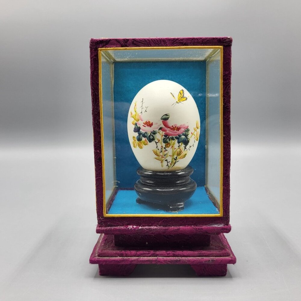 Vintage Chinese Hand Painted Decorative Egg In Display Case Floral Butterfly